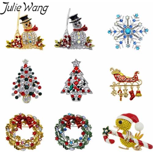 Julie Wang 4-9PCS/Pack Christmas Brooch Rhinestone Mixed Enamel Snowman Snowflake Wreath Fashion New Year Pin Jewelry Xmas Gift