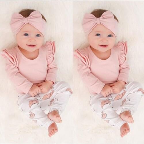 Baby Girl Clothes Newborn Infant Pink Ruffle Long Sleeve Romper Tops Flamingo Print Pants and Headband 3Pcs Toddler Clothing Set