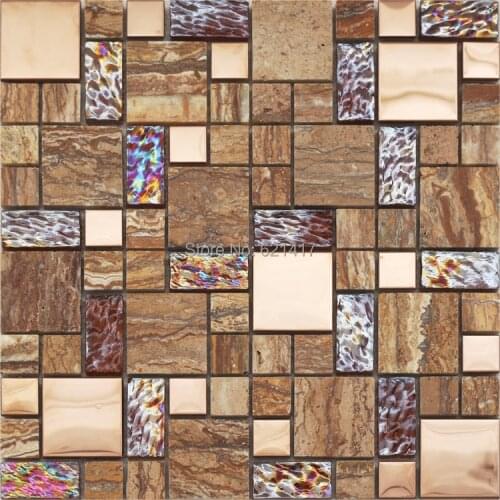 Brown glass mixed marble stone mosaic tiles kitchen back splash mosaic bathroom shower 12x12" mosaic mesh backing