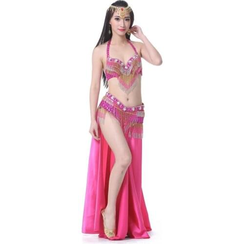 2020 Belly Dance Costume Bellydance Outfit Bra Belt Skirt Set Oriental Beads Costume Women Dancewear Professional Performance