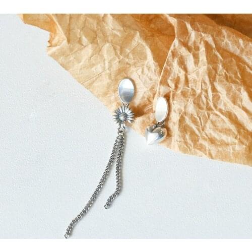 Summer Silver Plated Daisy Earrings Fashion Asymmetry Daisy Tassel Heart Dangle Drop Earrings Women Long Earrings Boho Jewelry