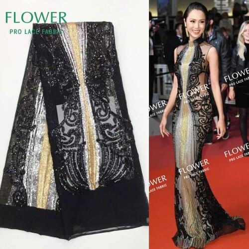 Fashion Sequins African Net Lace Fabrics Black And Gold Sequined Embroidered Mesh Tulle Lace Wedding Christmas Prom Dress Fabric