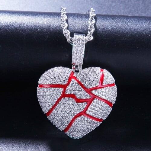 Men Fashion Hip Hop Gold Red Cracked Love Heart Broken Shape Pendant Broke Heart Full Of Zircon Neckalce Hip Hop For Men
