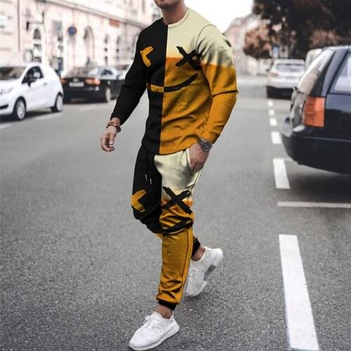 2021 summer new mens suit 3D printing smiling face round neck T-shirt casual sports long-sleeved running fashion trousers suit