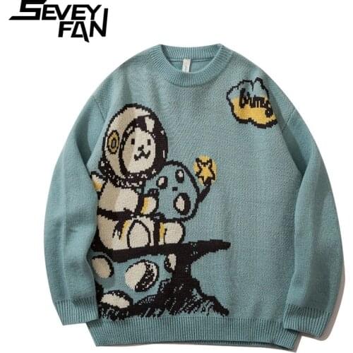 SEVEYFAN Mens Funny Cartoon Character Jacquard Sweaters Harajuku Loose Cotton Kintwear Hip Hop Pullover Sweater for Couples