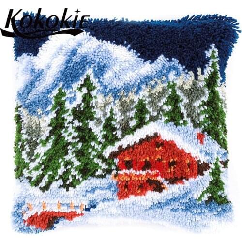 Diy latch hook rug pillow kits scenic of snow embroidery and cross stitch kits handmade embroidery yarn crocheting pillowcase