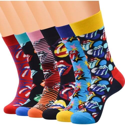 5 Pairs Male Socks Cute Colorful Tongue Harajuku Skateboard Street Men Spring Autumn Summer Different Pattern Casual Men Sock