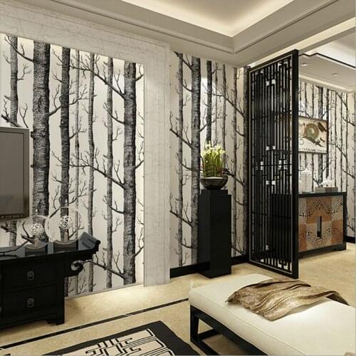 Black White Birch Tree Wallpaper Modern Design Roll Pearly Rustic Forest Woods Bedroom Living Room Wall Paper Home Decoration 10