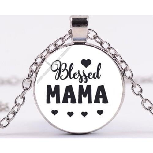 Hot new Blessed Mama Papa Letter Necklace Handmade Glass Cabochon Pendant Necklace for Women Men Famliy Bless Gift