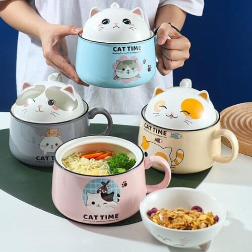 Japanese Style Ceramic Tableware Cute Cartoon Instant Noodle Bowl with Lid Handle Cat Shaped Creative Large Capacity Fruit Bowl