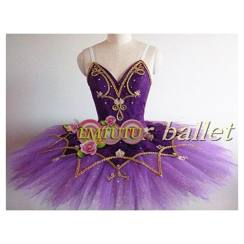 Professional Ballet Tutu Deep Purple With Gold Women Swan Lake Ballet Costumes Sleeping Beauty Ballerina Pancake Tutu Skirt