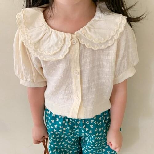 Soft Breathable Girls Shirt Summer Kids Short Puff Sleeve Kids Blouse for Toddler Girls Clothing Double Layers Petal Collar Chil