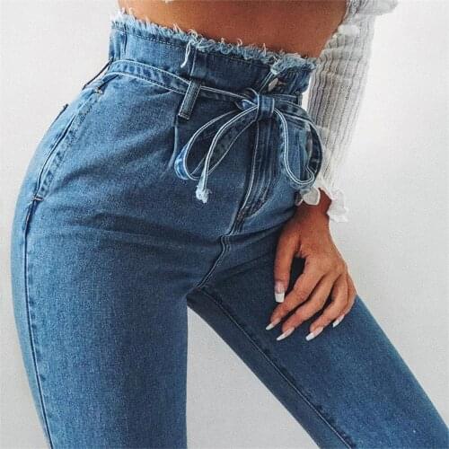 High-waist Stretch Women Jeans with Raw Edge Lace-up Street Retro Clothing Long Light Blue Mom Jeans Casual Loose Wide-leg Pants