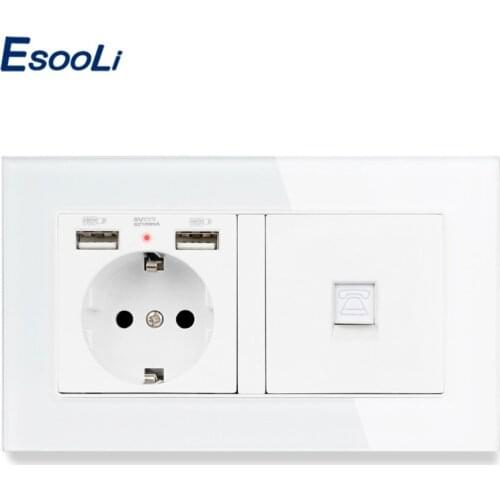 ESOOLI EU Standard Socket with 2 USB Charge Port +1 Gang RJ11 2 Core Telephone Connector Tempered Glass Panel