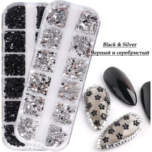 12 grid resin shaped diamond Flatback Nail Crystals Rhinestones for Nails 3D Nail Art Decorations DIY Glass Gems Stones