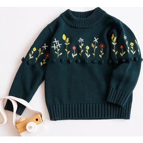 Girls Sweaters 2-6Yrs Autumn Winter Baby Girls Kids Embroider Flower Sweater Girls Long Sleeve Knitted Sweater