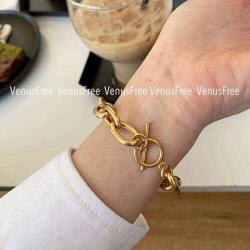 Titanium With 18K Gold Chunky Statement Bracelet Women Stainless Steel Jewelry Designer T Show Runway Gown Jewelry Rare INS