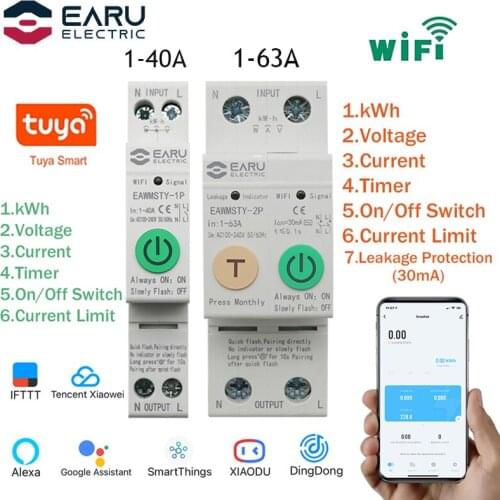 1P+N 2P Tuya WiFi Smart Circuit Breaker Energy Power kWh Meter Timer Switch Relay Voltmeter Current Leakage Protection RCCB RCBO