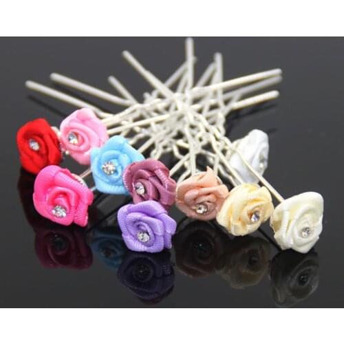 Furling Pack of 10 PCS Mixed Colors Ribbon Hair Spiral Bride Hair Pins Bridal Party Rose Flower with Cryst Wedding Hair Jewelry