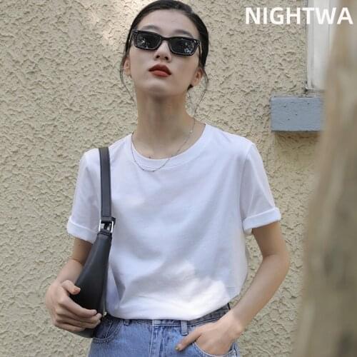 NIGHTWA Brand New Women Basic Cotton T-Shirts Round neck Pure Color Short-sleeved Harajuku Tee Shirt 12 Solid Color T shirt