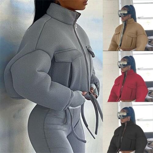 Autumn Winter Womens Clothing European and American Fashion Short Coats Sexy Ladies Cropped Stand-up Collar Loose Jacket Tops