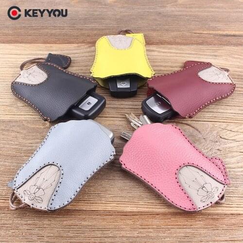 KEYYOU Genuine Leather Key Wallets Women Car Remote Key Case Cover For Woman Cute Clothes Colorful Key Bag Holder Wallets