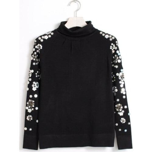 2020 Spring Autumn Women Pullovers Floral 3D Beading Sequined Slim Black Sweaters Turtleneck Vintage Knitted Tops Sweaters