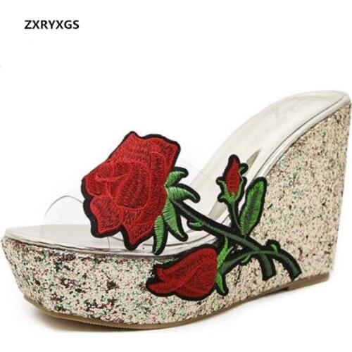 New Fashion Rose Flower Transparent Women Sandals 2020 Summer Beautifully Applique Women Slipper Platform Wedges Women Shoes