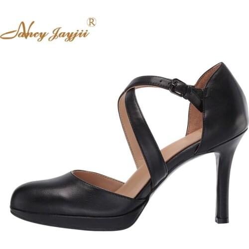 Black Cross Straps Women Pumps 8 cm Thin High Heels with Low Platform Spring Fashion Ladies Shoes Women 2019 Plus Size 15 16