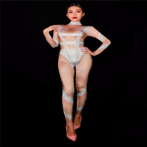 S90 Female stage pole dance jumpsuit rhinestones stretch bodysuit printed leotard tights crystal siamese women wear costumes dj