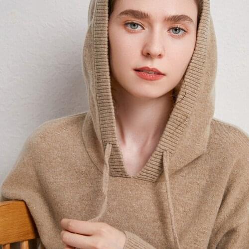 Zocept Merino Wool Hooded Sweater Autumn Winter Women 's Solid Color Full-Sleeve Casual Hooded Knitted Warm Outer Pullovers