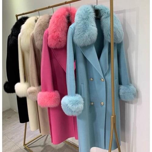 CX-G-T-20 2020 Fashion Winter Wool Cashmere Coat Women With Fox Fur Collar Fur Cuff