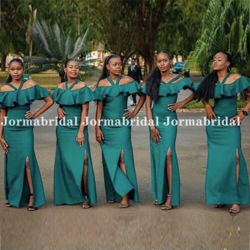Long Mermaid Teal Bridesmaid Dresses Halter Ruffles Neckline Side Slit Sheath Bride Maids Dress Vestidos Para Dama De Honor