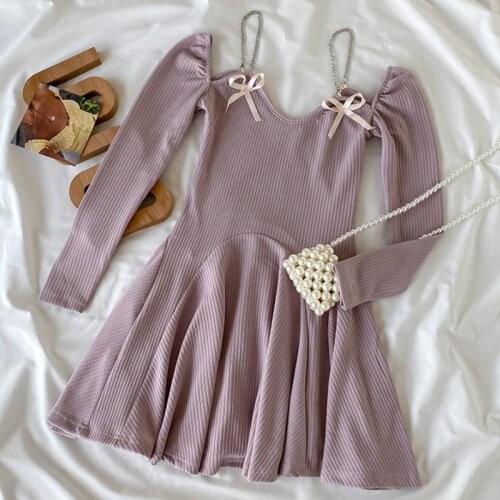 Spring Autumn Sweet Knitted Dress Women Elegant Bow Chain Slim Mini Dress Female Fashion Chic Long Sleeve Party A-Line Dresses