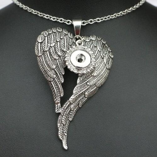 1PC High Quality Big Vintage Angel Wing Snap Metal Button Pendant Necklace With 50cm Steel Chain Fit 12mm Diy Snap Jewelry