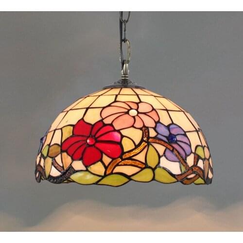 30C, American Pastoral Creative Tiffany Colorful Glass Art Restaurant Chandelier Morning Glory Red Festive Glass Lamp