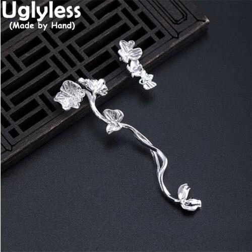 Uglyless Asymmetric Silver Flowers Studs Earrings for Women Handmade 925 Silver Floral Earrings Ethnic Vintage Brincos BIjoux