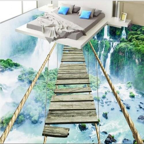 Beibehang Custom large mural landscape waterfall adventure rope wooden bridge 3D floor thickening wear pvc plastic film