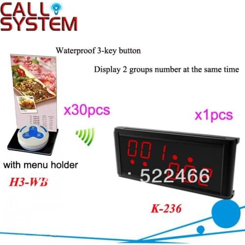 Wireless Call Service System K-236+H3-WB+H with 3-key call button and LED display for restaurant service DHL free shipping