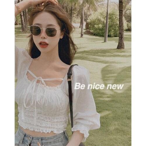 Blouse Women Puff Sleeve Top Woman Square-Neck Short Shirt Short-Sleeved White Chiffon Shirt Summer Blusas Mujer De Moda