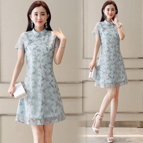 Elegant Chinese Style Cheongsam Embroidery Flower Lace Short Sleeve A-line Women Party Dresses Vestidos Ropa Mujer Sukienki