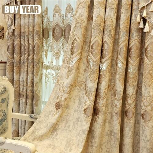 European and American luxury high quality elegant beige chenille embroidered blackout curtains for living room windows bedroom