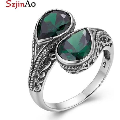 SzjinAo Emerald Wedding Rings For Women Real 925 Sterling Silver Gemstone Rings Water Drop Luxury Handmade Fine jewelry Vintage