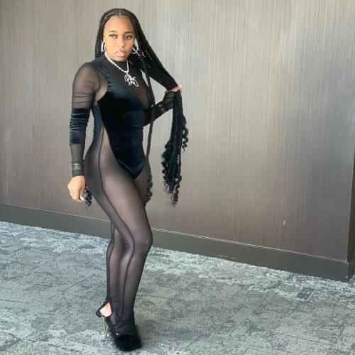 KLALIEN 2021 Spring Sexy See Through Mesh Patchwork Black Skinny Elastic Women Jumpsuit New Street Clubwear Romper Casual Sport