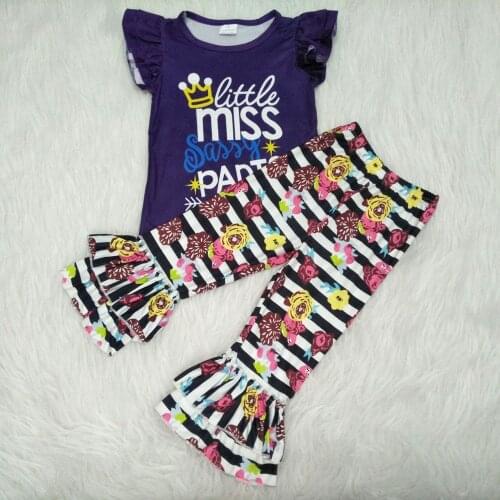 Spring baby girl clothes little miss sassy pants letters top and flowers pattern ruffle pants