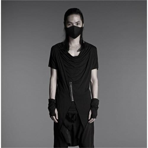 Zipper Faux Two Piece T-shirt Male Short-sleeve Personality Slim It Mens Clothing Black Harajuku Camisetas Hombre T Shirt Men