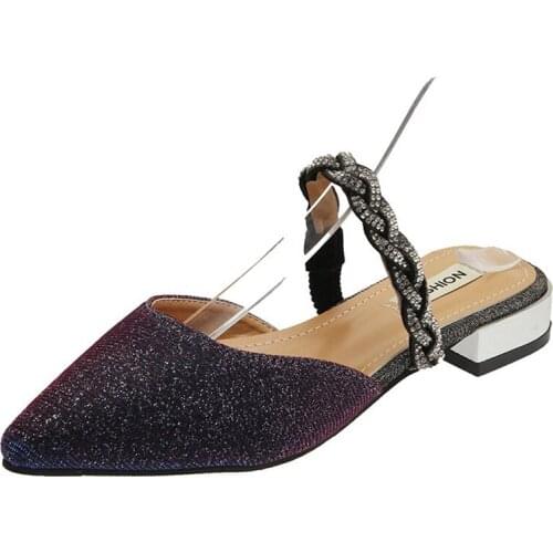 Women Mules Shoes 2021 Summer Pointed Toe Low Heels Ladies Elegant Slippers Fashion Party Shoes Bright Crystal Female Sandals