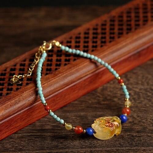 Natural raw ore wax Beeswax bracelet with lapis lazuli turquoise beads tourmaline bracelet