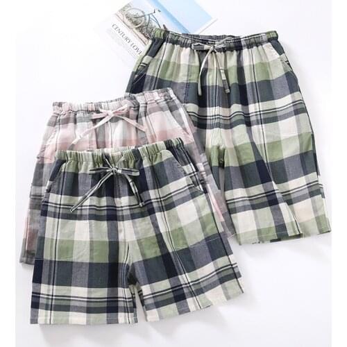Couples Plaid Pyjama Bottoms Men and Women Summer Cotton Gauze Thin Shorts Sleepwear for Men Elastic Waist Sleep Pajama Pants