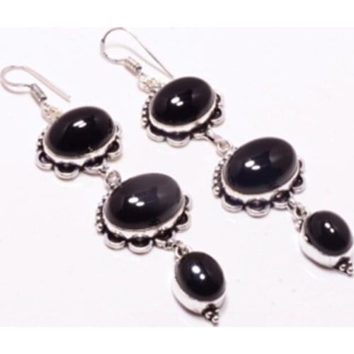 Genuine Black Onyx Silver Overlay on Copper Earrings , Hand made Women Jewelry Gift, E5136